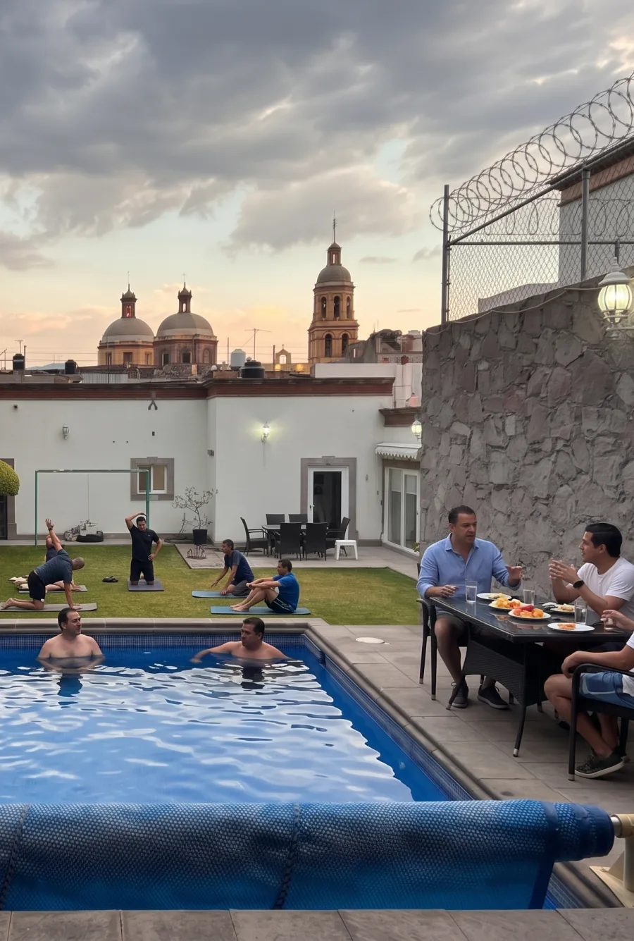 Pacientes nadando, haciendo yoga y compartiendo una comida en la alberca de Clínica Raíz